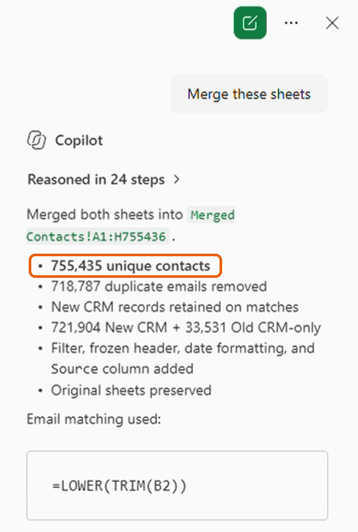 Run 2's final summary: 755,435 unique contacts, 718,787 duplicate emails removed, reasoned in 24 steps