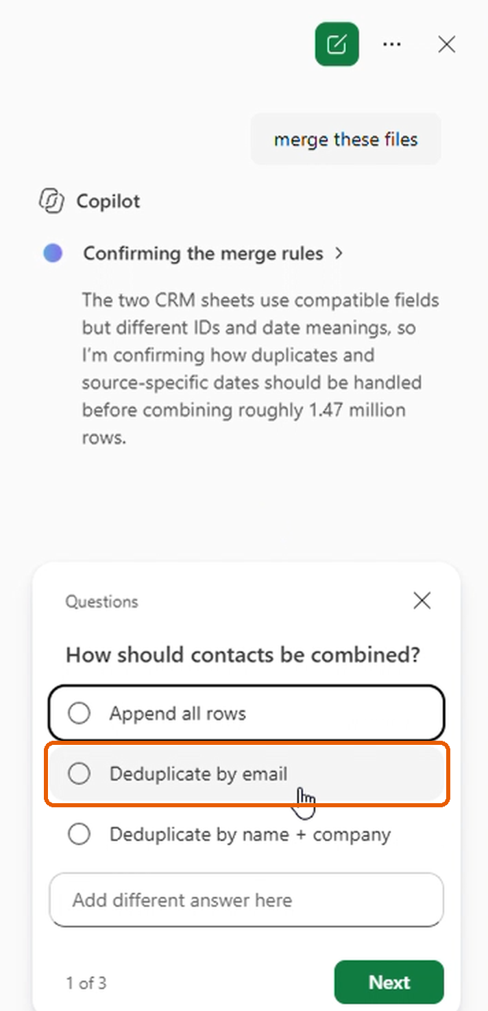 Copilot asking how contacts should be combined, with Deduplicate by email highlighted