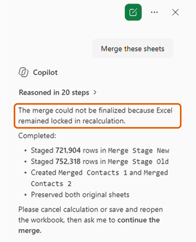 Copilot reporting that the merge could not be finalized because Excel remained locked in recalculation