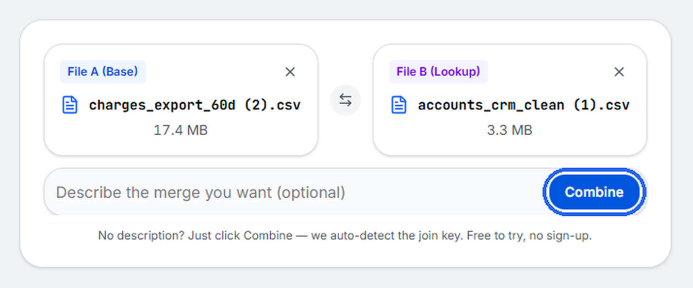 TenMil upload screen with a payments export loaded as File A and a CRM export as File B, and the Combine button highlighted.