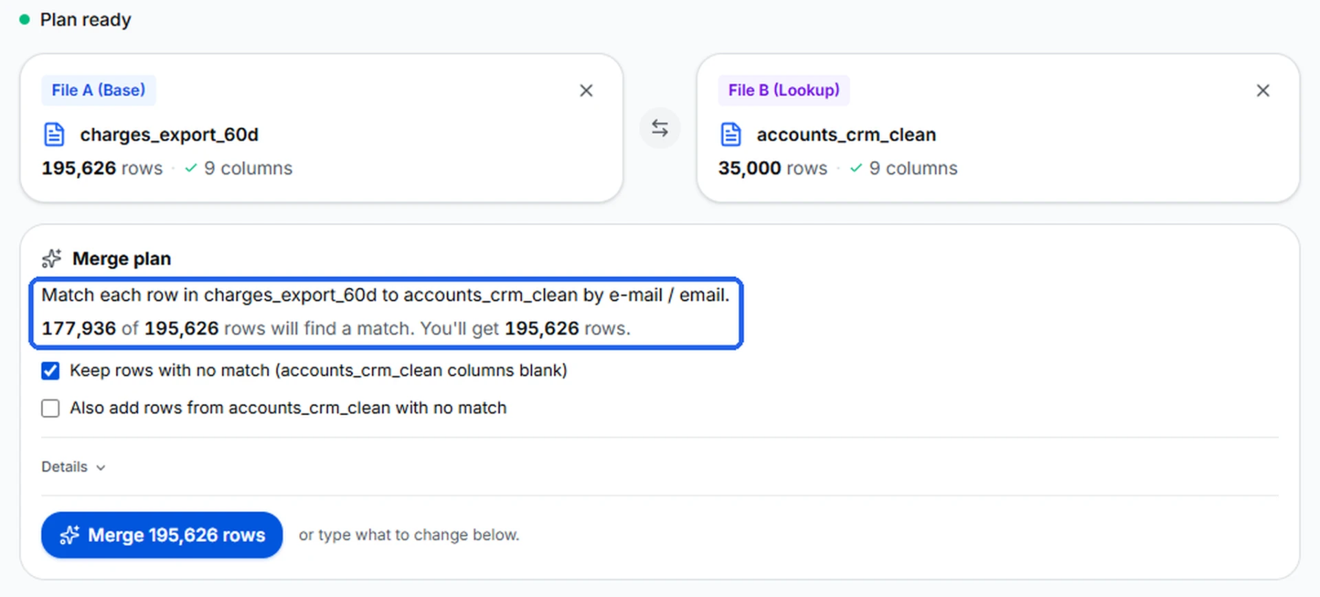 TenMil merge plan showing 177,936 of 195,626 payment rows will match the CRM file by email, with options to keep unmatched rows.